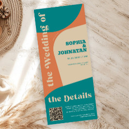 おしゃれなQRコードとレトロな色彩が融合したモダンなオールインワン結婚式 招待状
