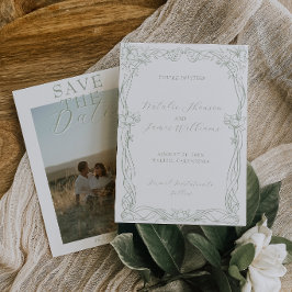 おしゃれなsageグリーンのアンティーク・マネー写真のレトロな結婚式 セーブザデート