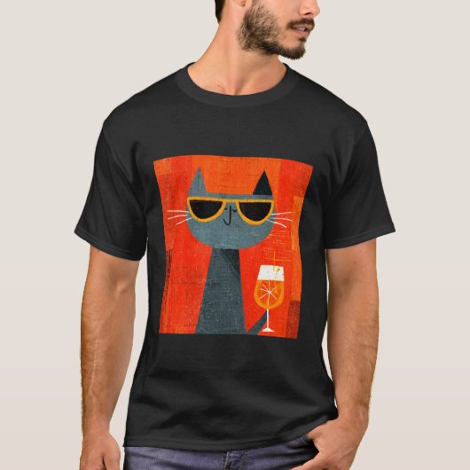 おしゃれにオレンジジュースを飲む猫 Tシャツ (正面)