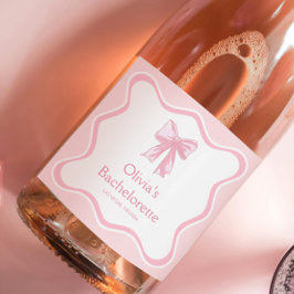 おしゃれに祝おう！ パーソナライズド ピンク リボン 結婚式前パーティー ワインボトルラベル スパークリングワインラベル