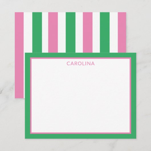 おしゃれストライプ かわいいピンクとグリーンの文房具 ノートカード (正面/裏面)