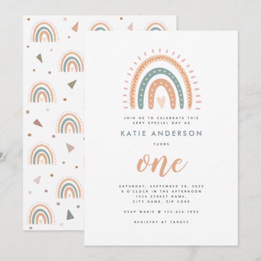 おしゃれボヘミアンレインボーパステルファーストバースデー 招待状 (正面/裏面)