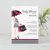 おしゃれママのベビーシャワー 現代的なブラック & ホットピンク 招待状 (スタンド正面)