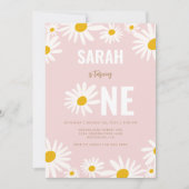 おしゃれレトロピンクデイジー花1歳誕生日 招待状 (正面)