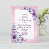 おしゃれ グリッター ピンク パープル ローズ 花の誕生日 招待状 (スタンド正面)