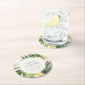 おしゃれ ボーホー バラ色 緑色 熱帯のヤシの葉 ビーチ ラウンドペーパーコースター (インサイチュ)