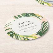 おしゃれ ボーホー バラ色 緑色 熱帯のヤシの葉 ビーチ ラウンドペーパーコースター (アングル)