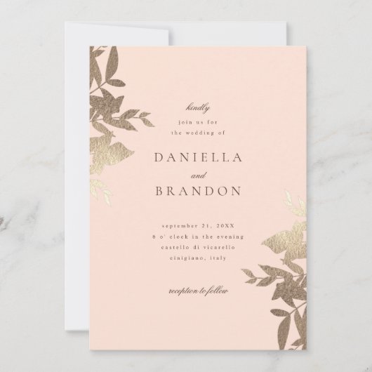 おしゃれ モダン ボタニカル 偽金 バラ色 招待状 (正面)