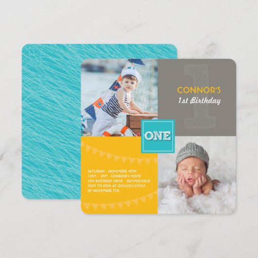 おしゃれ 現代の四角形 ワン 写真 赤ちゃん 男の子 1歳の誕生日 招待状 (正面/裏面)