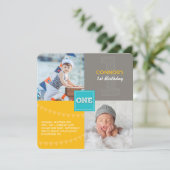 おしゃれ 現代の四角形 ワン 写真 赤ちゃん 男の子 1歳の誕生日 招待状 (スタンド正面)