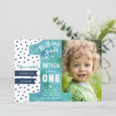 おしゃれ | 青 | 水彩 | 1歳の誕生日 | 招待状 (スタンド正面)