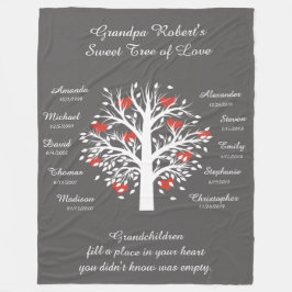 おじいちゃんツリー(ハート)、白/灰色10の名前と日付 フリースブランケット
