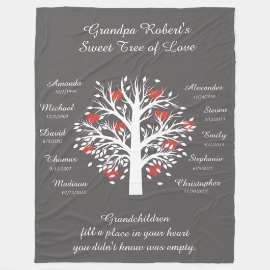 おじいちゃんツリー(ハート)、白/灰色10の名前と日付 フリースブランケット (正面)