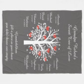 おじいちゃんツリー(ハート)、白/灰色10の名前と日付 フリースブランケット (正面(横))