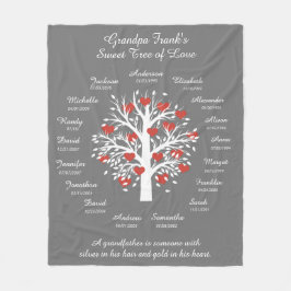 おじいちゃんツリー(ハート)，白/灰色17の名前と日付 フリースブランケット