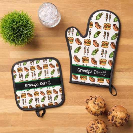 おじいちゃんパーソナライズされたかわいいバーベキューフード 鍋つかみ&鍋敷きセット (トップダウン)