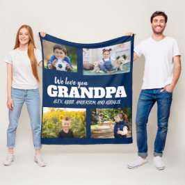 おじいちゃん大好き ネイビーブルー 4枚の写真 子供 家族 フリースブランケット