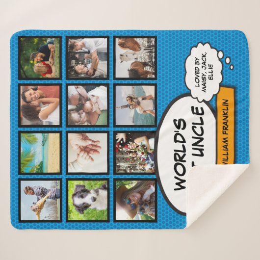 おじさんモダンおもしろいクール漫画ブルーフォトコラージュ シェルパブランケット (正面(横))