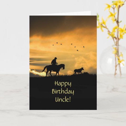 おじさん誕生日とカウボーイホースとステア カード (黄色い花)
