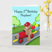 おじの2歳の誕生日のテディベアの消防車 カード (黄色い花)