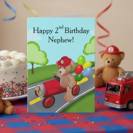 おじの2歳の誕生日のテディベアの消防車 カード