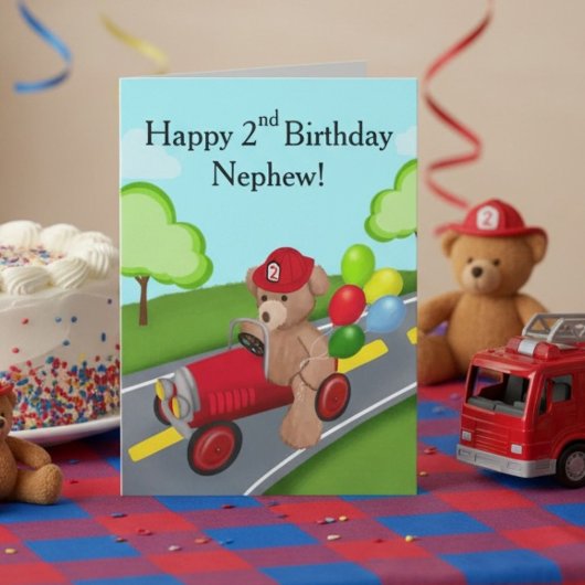 おじの2歳の誕生日のテディベアの消防車 カード