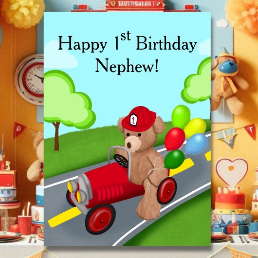 おじょうさま1歳の誕生日テディベア消防車 カード
