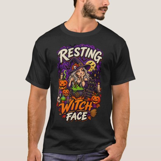 おすわり魔女の顔 面白いハロウィンの魔女 Tシャツ (正面)
