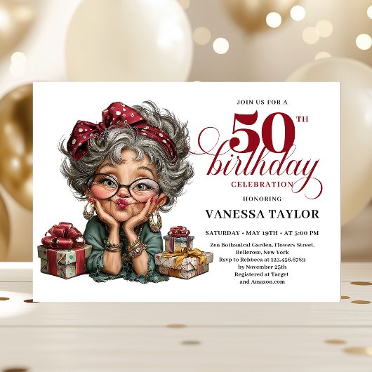 おちゃめな女性の50歳の誕生日パーティー招待状 招待状
