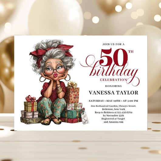 おちゃめな女性の50歳の誕生日 ユーモアあふれる  招待状