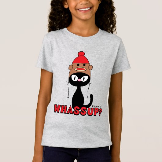 おっす?ソックモンキーの帽子をかぶったキャラクター猫の面白いデザイン Tシャツ (正面)