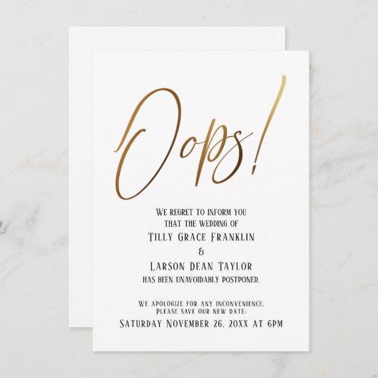 おっと!おもしろい金ゴールド結婚遅延発表 招待状 (正面/裏面)