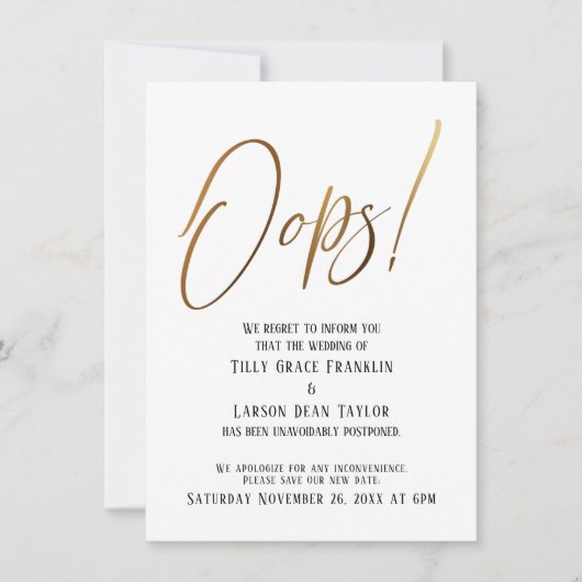 おっと!おもしろい金ゴールド結婚遅延発表 招待状 (正面)