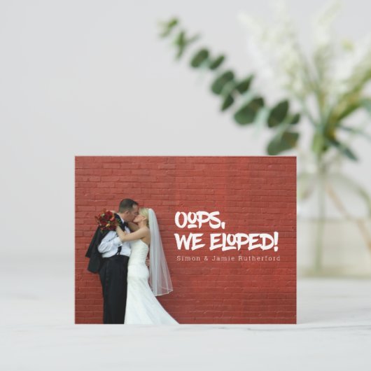 おっと、ふたりで結婚式 フォトウェディング発表 案内ポストカード (スタンド正面)