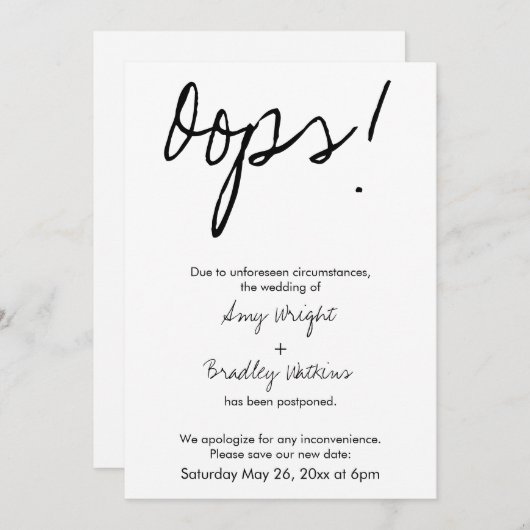「おっと！」 延期ユーモアのあるされ結婚た発表 招待状 (正面/裏面)