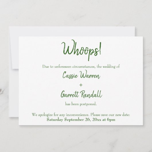 おっと!緑の白の延期結婚された発表 招待状 (正面)