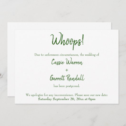 おっと!緑の白の延期結婚された発表 招待状 (正面/裏面)