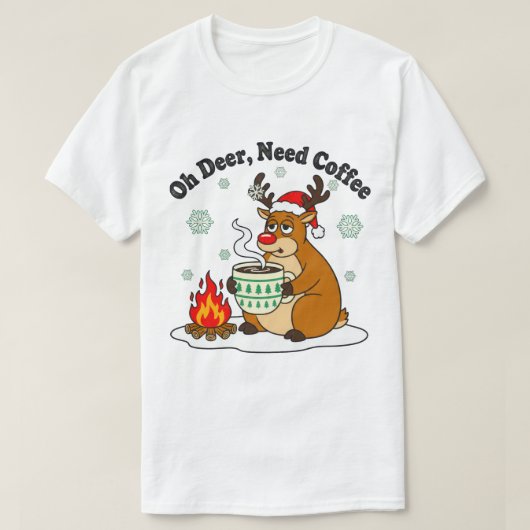おっと！鹿はコーヒーがお好き 面白いホリデーアート Tシャツ (デザイン正面)