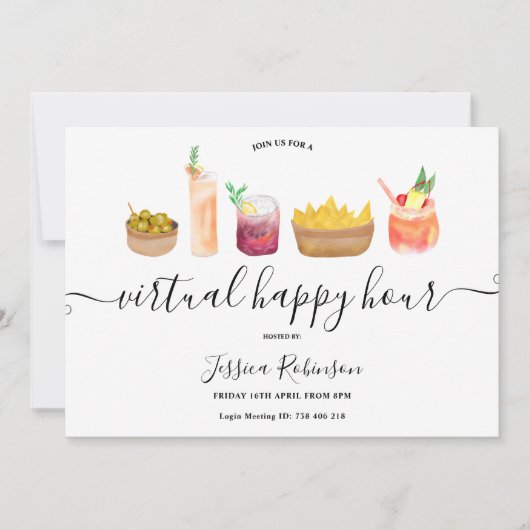 おつまみ カクテル 水彩画 バーチャル ハッピーアワー 招待状 (正面)