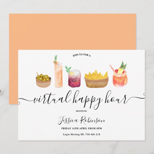 おつまみ カクテル 水彩画 仮想 ハッピーアワー 招待状 (正面/裏面)