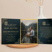 おとぎお洒落らい物語の本金ゴールドエメラルドマジカル 三つ折り招待状