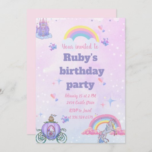 おとぎお洒落話の城とユニコーン招待状 招待状 (正面/裏面)