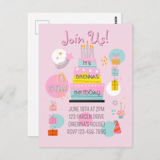 おとぎの世界のようなパーティータイムの子供の誕生日招待状 ポストカード (正面/裏面)