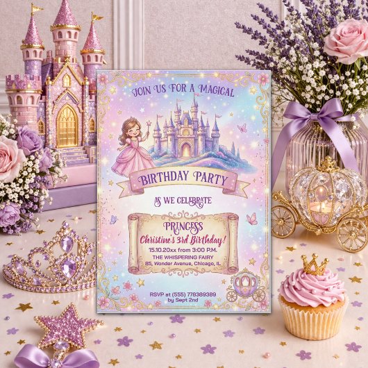 おとぎの国のお姫様の３歳の誕生日パーティー 招待状