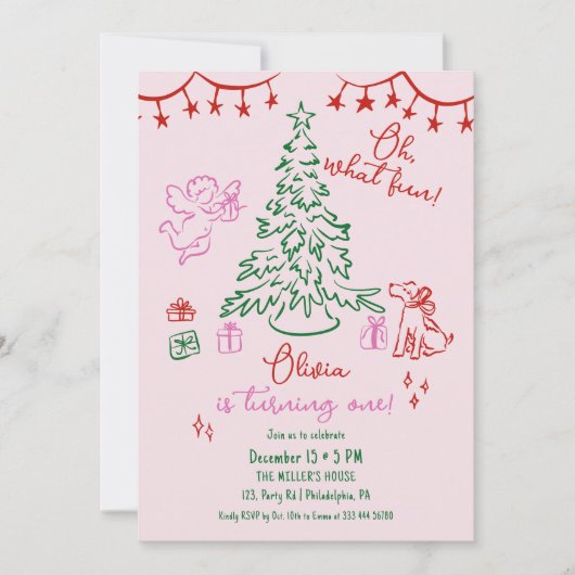 おとぎの国のようなクリスマスツリーの1歳誕生日 案内状 (正面)