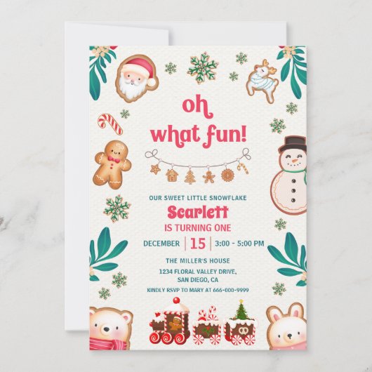 おとぎの国のようなクリスマス クッキー 1歳の誕生日 招待状 (正面)