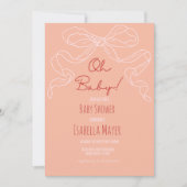 おとぎの国のようなレトロなピンクの手描きリボン ベイビーシャワー 招待状 (正面)