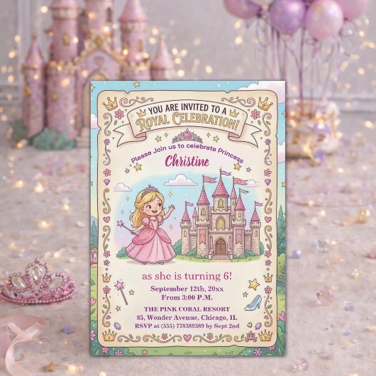 おとぎの城のプリンセス 6歳の誕生日パーティー 招待状
