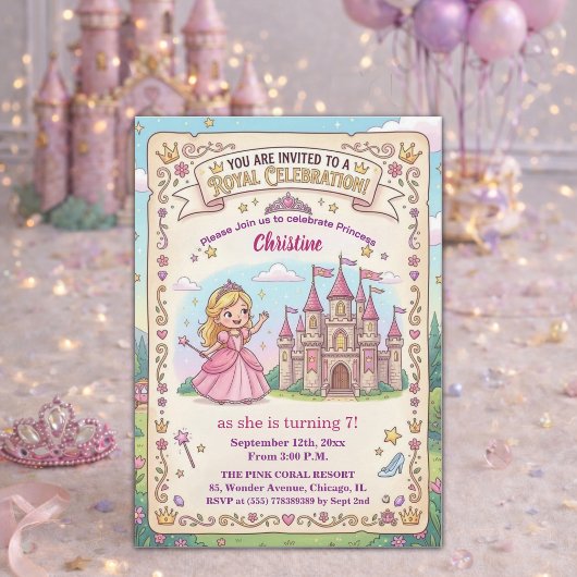 おとぎの城のプリンセス 7歳の誕生日パーティー 招待状