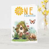 おとぎの家の木の森のファーストバースデーカード カード (黄色い花)